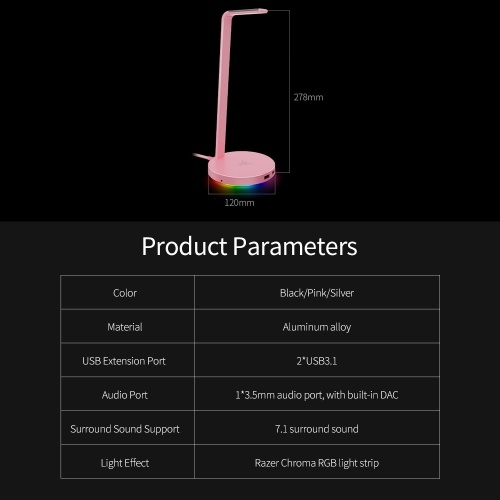 

Razer Base Station V2 Chroma Headset Stand Chroma RGB Headset Holder with 2 USB3.1 Ports Support 7.1 Surround Sound Pink