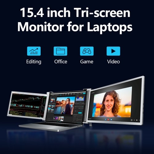 15.4 inch Portable Triple-screen Monitor Laptop Expansion Screen 1920*1080 Resolution Easy Installation for 15-17 inch Laptop 