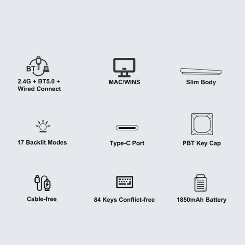 iBlancod Wireless Mechanical Keyboard 84 Keys 2.4G+BT5.0+Type-C 3 Connections 75% Low Profile Layout Keyboards 15 Light Effect 5 Brightness Levels for Tablet Laptop Smartphone OUTEMU Switches 