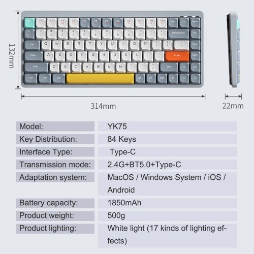 iBlancod Wireless Mechanical Keyboard 84 Keys 2.4G+BT5.0+Type-C 3 Connections 75% Low Profile Layout Keyboards 15 Light Effect 5 Brightness Levels for Tablet Laptop Smartphone OUTEMU Switches 
