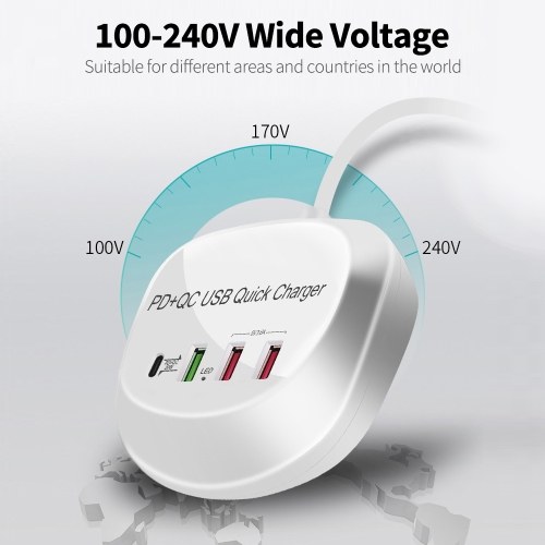 

4 Ports Fast Charger 2 USB+QC3.0+PD Charger Quick Charging 100-240V Wide Voltage Wide Compatibility US Plug