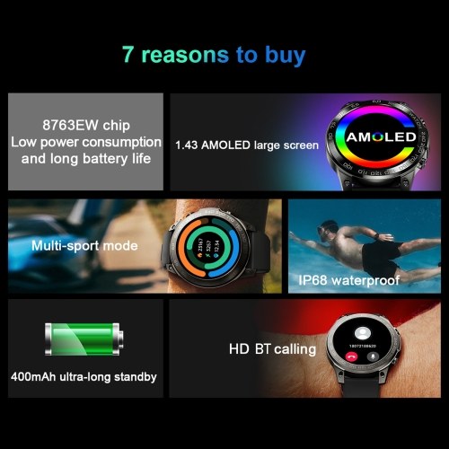 DM50 1.43inch Smartwatch HD Color Touchscreen IP68 Waterproof Fitness Tracker Compatible with Android iOS 