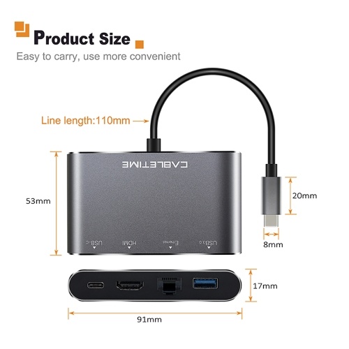 

Cabletime 4-in-1 USB C to HDMI USB 3.0 Hub Adapter Lan RJ45 Network Type C to Ethernet Adapter with HDMI 4K Port for HDTV Projector PC