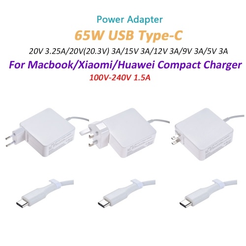 

Power Adapter AC DC 100V-240V 1.5A 65W USB Type-C 20V 3.25A/20V(20.3V) 3A/15V 3A/12V 3A/9V 3A/5V 3A Compact Charger For Macbook/Xiaomi/Huawei