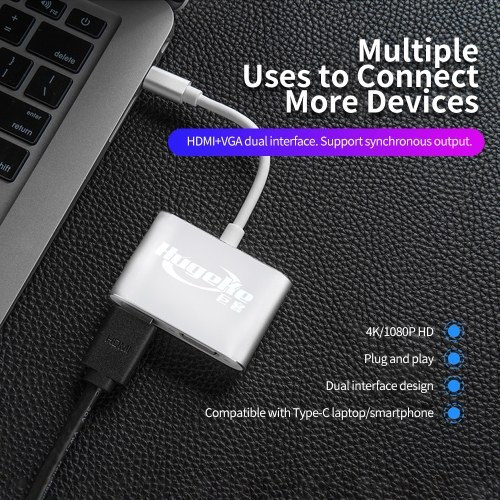 

Hugeke 2 in 1 Type-C Expansion Hub USB C to HD/VGA Adapter 4K/1080P Converter for Mac/Huawei/Samsung (Silver)