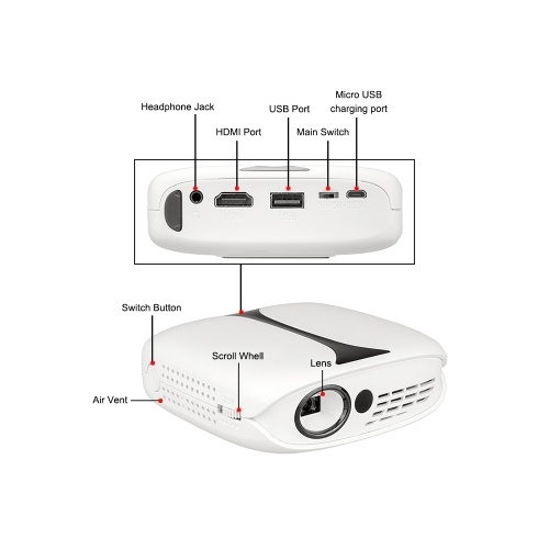 

Mini DLP Projector LED Home Office Projection 1080P Wife Connection USB HDMI Port with Remote Controller Tripod US Plug