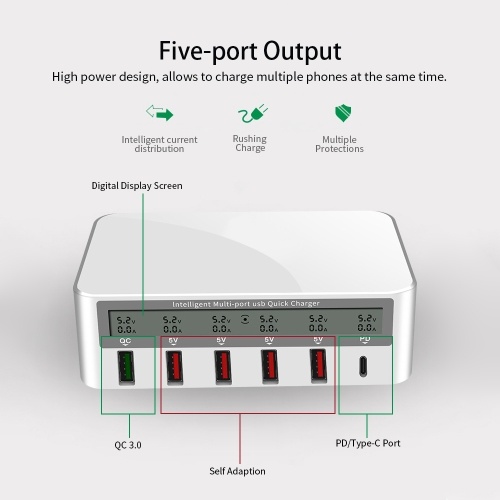 

818 Intelligent Multi-port USB Fast Charger Adaptive LCD Display Wireless Quick Charge QC 3.0 Type-C Port US Plug