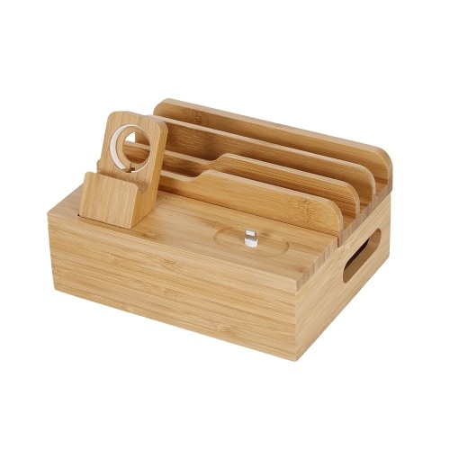 3-in-1 Bamboo Desktop Storage Bracket Mobile Phone Tablet Charging Station for Phone iPad Apple Watch Airpods US Plug