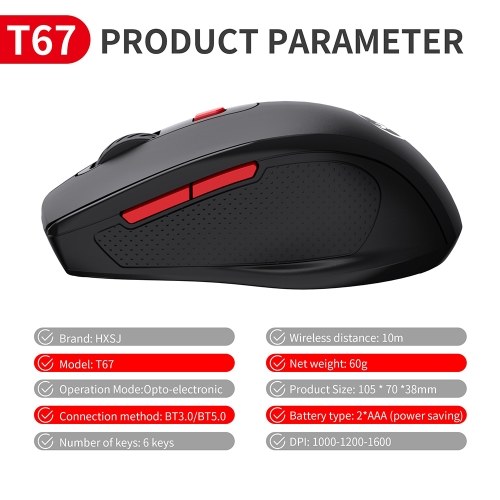 

HXSJ T67 BT3.0 / BT5.0 Беспроводная мышь с 6 клавишами, без звука, офисная игровая мышь, эргономичная мышь с 3-уровневым регулируемым разрешением для ПК, ноутбука