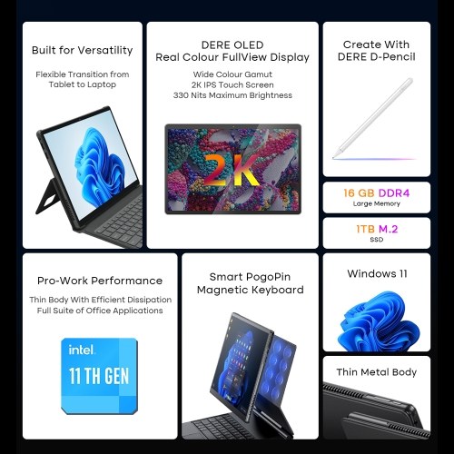 

Планшеты DERE T30 Pro Ноутбуки 13-дюймовый сенсорный экран 2K IPS 16 ГБ ОЗУ 512 ГБ SSD Офисный обучающий компьютер с ультрабуком D-Pencil Ноутбук с Windows 11