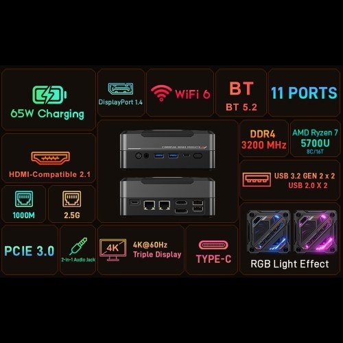 Mini PC Windows 11PRO 32G DRR5 RAM 1T SSD Mini Desktop Computer AMD Ryzen7 5700U Processor 8 Cores 16 Threads RGB Lighting WIFI6 BT5.2 Support 4K Triple Screen Display for Office, Conference, Movie, Games 