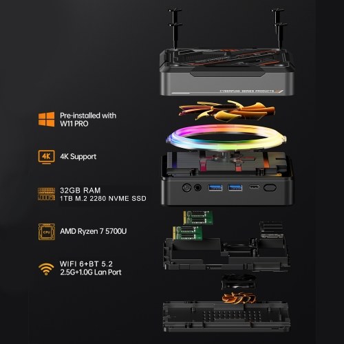 Mini PC Windows 11PRO 32G DRR5 RAM 1T SSD Mini Desktop Computer AMD Ryzen7 5700U Processor 8 Cores 16 Threads RGB Lighting WIFI6 BT5.2 Support 4K Triple Screen Display for Office, Conference, Movie, Games 