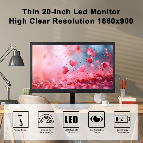 Ultra Thin 20 Inch High Clear LED Monitor Eye Care Desktop Monitor with 1440x900 Resolution 1ms Response Time Compatible with VGA and HDMI Interface 