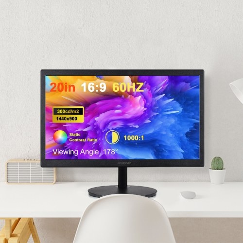 Ultra Thin 20 Inch High Clear LED Monitor Eye Care Desktop Monitor with 1440x900 Resolution 1ms Response Time Compatible with VGA and HDMI Interface 