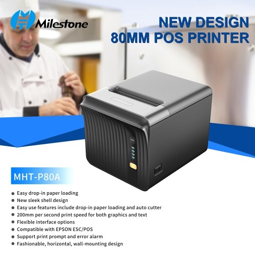 

MHT P80A 80mm POS Printer Desktop Receipt Thermal Printing Auto Paper Cut Wall-Mounting with USB Serial Ethernet LAN Compatible with ESC/POS Print Commands Black EU Plug