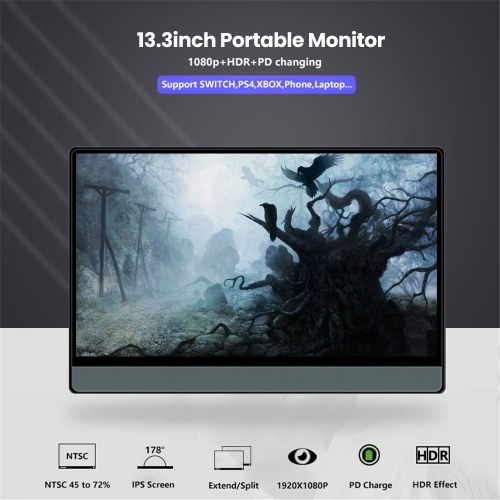 

T-bao T13A 13.3'' Portable Monitor with HD 1080P IPS Panel Support Screen Expansion for Switch/PS3/PS4/PC/Laptop EU Plug