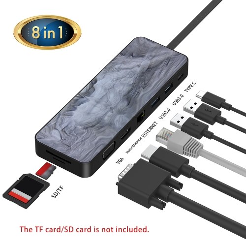 

iFory 8-in-1 Type C Hub USB C Adapter Converter Card Reader Type-c Connector with USB 3.0/Type-C PD Port & 4K High-Definition/VGA/RJ45 Ethernet Port & TF/S-D Card Slot