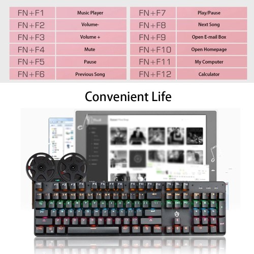 

Illuminated Mechanical Keyboard 104 Keys Gaming Keyboard USB Powered Operated 6 Light Colors 9 Vivid Lighting Effects for Computer Laptop E-sports Trip Travel with Rotator