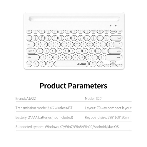 

Ajazz 320i Wireless Keyboard 2.4GHz Wireless BT Dual-mode Keyboard Ergonomic Keyboard 79 Keys Keyboard with Bracket White