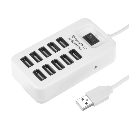 Concentrador de alta velocidad USB 2.0 de 10 puertos Uso simultáneo Transferencia rápida de archivos grandes Velocidad de transmisión de 480 Mbps Control con una tecla Blanco