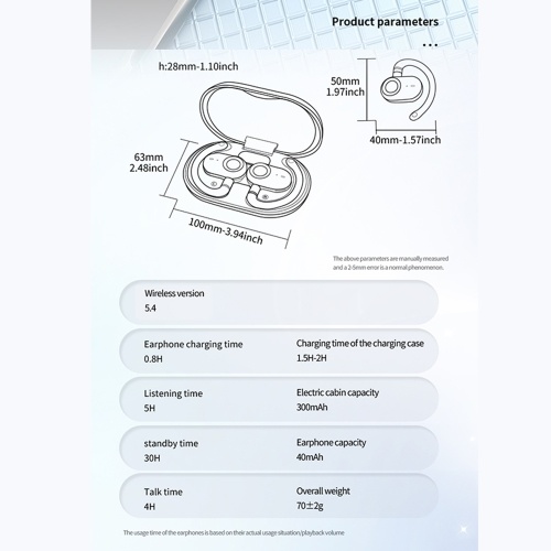 Wireless Earbuds ACS Stereo Sound BT5.4 Earphone Waterproof Ergonomic Design Open On-Ear Sports Earbuds Intelligent Touch Control 20H Long Endurance Suitable for All Ear Types 
