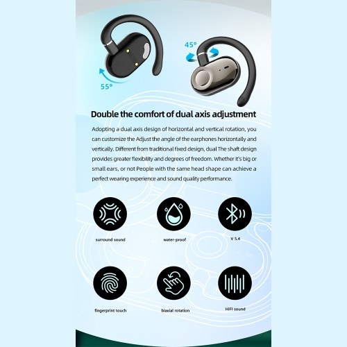 Wireless Earbuds ACS Stereo Sound BT5.4 Earphone Waterproof Ergonomic Design Open On-Ear Sports Earbuds Intelligent Touch Control 20H Long Endurance Suitable for All Ear Types 