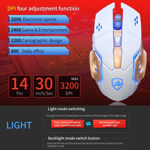 

AJAZZ AJ-110 Gaming Laser Mouse USB Wired Mouse 4 Adjustable DPI Levels 3200DPI with Breathing LED Light 6 Buttons for PC Desktop