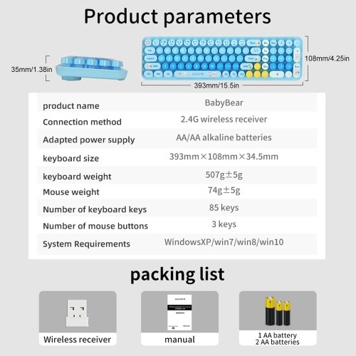 

Mofii Wireless Keyboard and Mouse Set BabyBear 2.4G USB Ergonomic Silent Compatible Windows XP/7/8/10 Office Laptop Keyboard