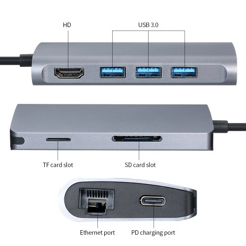 8-in-1 Type-C Hub Type-C to 4K@30Hz HD Adapter with Ethernet Port/ USB3.0/ 87W PD Quick Charge/ Support TF&SD Card Reading Grey