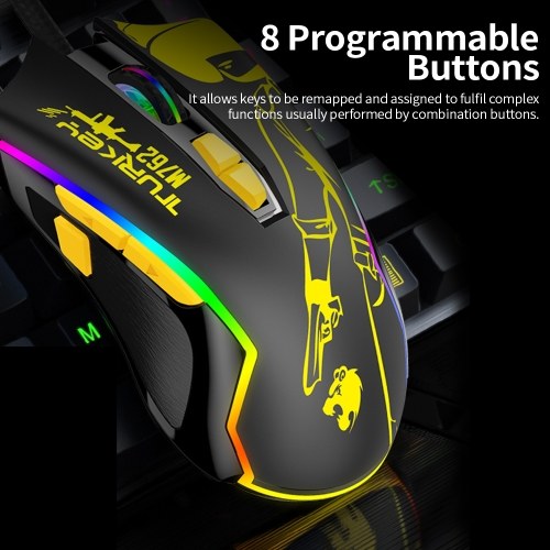 

Wired Gaming Mouse RGB Ergonomic Mouse 8 Programmable Buttons 800/1200/1600/2400/4800/6400DPI/ RGB Light/ Plug & Play Yellow