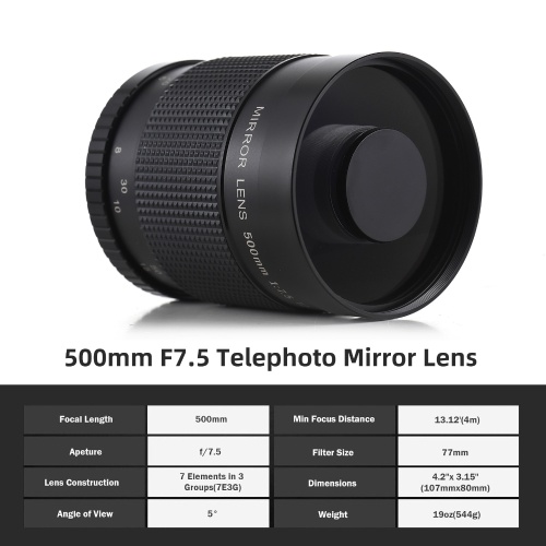 500mm F/7.5 Telephoto Reflex Mirror Lens T-Mount Replacement for Canon Nikon Sony Fujifilm Olympus DSLR Cameras 