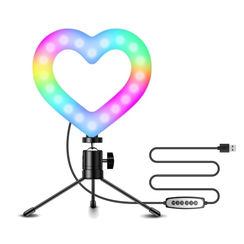 6 Inch RGB Video Light Heart-Shaped LED Fill Light Dimmable USB Powered with Flexible Ballhead Adapter Desktop Tripod for Live Streaming Online Video Selfie Makeup Vlog