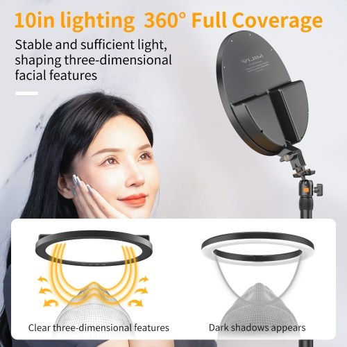 

VIJIM K13 10 Inch Round-shaped Fill Light Panel Desktop LED Video Light 2700K-5800K Dimmable Built-in Battery with 360° Rotatable Ball Head Extendable C-clamp Desk Mount Stand for Live Streaming Photography Video Conference