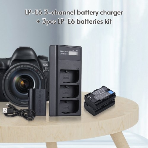 LP-E6 Battery Charger 3-Slot Charger with LED Indicators Micro USB and Type C Port + 3pcs LP-E6 Batteries 7.4V 2650mAh 