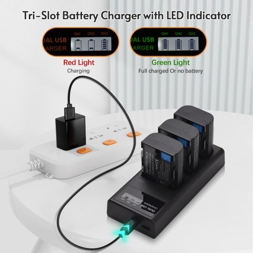 LP-E6 Battery Charger 3-Slot Charger with LED Indicators Micro USB and Type C Port + 3pcs LP-E6 Batteries 7.4V 2650mAh 