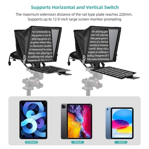 14-inche Universal Prompter with Dual Cold Shoe Mounts and 1/4in Threaded Hole with Remote Control and Carrying Case 