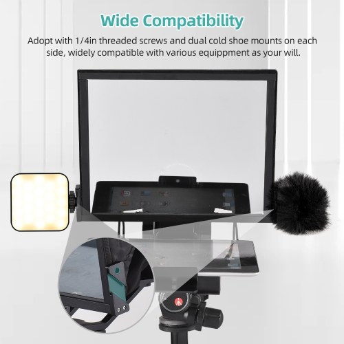 14-inche Universal Prompter with Dual Cold Shoe Mounts and 1/4in Threaded Hole with Remote Control and Carrying Case 