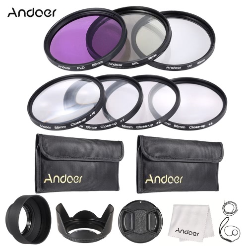 Andoer 58mm UV + CPL + FLD Close-up(+1+2+4+10) lentille Kit avec pochette de transport + bouchon + porte-bouchon d’objectif filtre + tulipe & caoutchouc parasoleils + chiffon de nettoyage de lentille