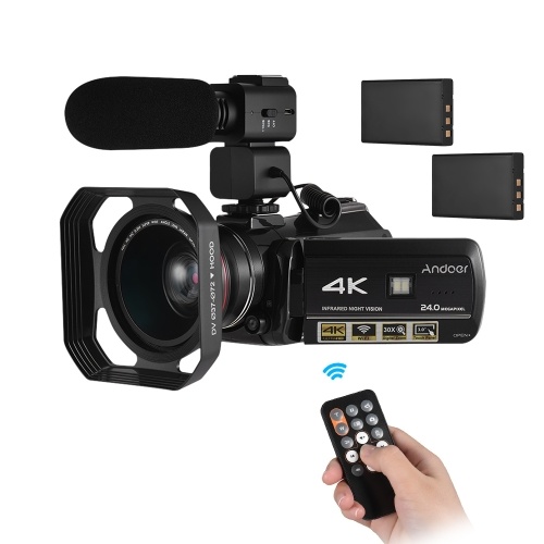 

Andoer AC3 4K UHD 24-мегапиксельная цифровая видеокамера Видеокамера DV Recorder 30X Zoom Wi-Fi соединение ИК-ночное видение 3,0-дюймовый сенсорный экран с сенсорным экраном с креплением для 2 шт. Аккумуляторная батарея + дополнительный 0.39X широкоугольн