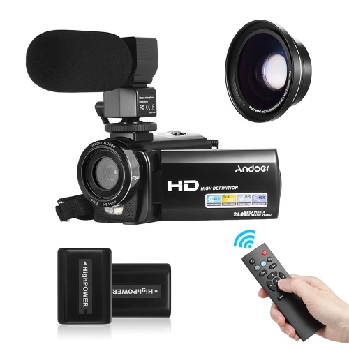 

Andoer HDV-201LM 1080P FHD Digital Video Camera Camcorder DV Recorder 24MP 16X Digital Zoom 3.0 Inch LCD Screen with 2pcs Rechargeable Batteries + Extra 0.39X Wide Angle Lens + External Microphone