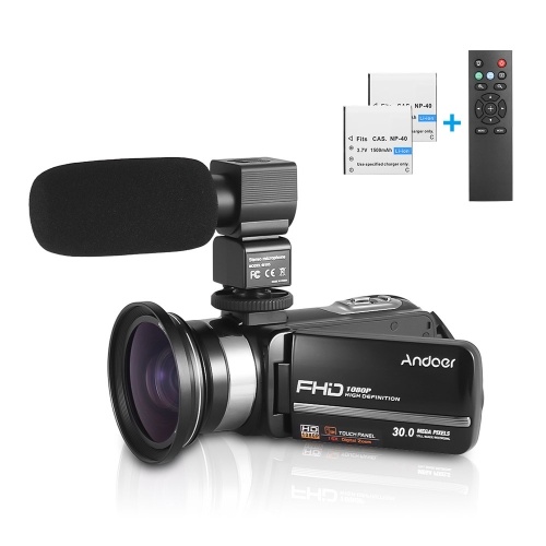 Andoer HDV-301LTRM 1080P FHD Caméscope numérique Caméscope Enregistreur DV IR Nightshot 24MP Zoom numérique 16X Écran tactile ACL de 3 pouces avec 2 piles rechargeables + Objectif grand angle supplémentaire de 0,39X + Microphone externe