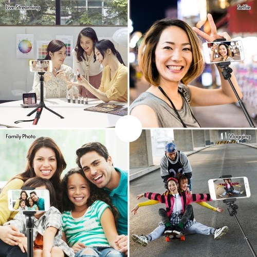 2-in-1 Mini Video Selfie Stick Tripod Stand 64cm Adjustable with Ball Head Remote Control Phone Clamp Lanyard for Phone Selfie Video Vlog Making