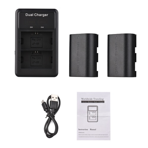 LP-E6/ E6N Battery & Charger Kit 2pcs 7.4V 2650mAh Battery + 1pc LED2-LPE6 Dual Channel Camera Battery Charger USB Port LCD Screen Display Replacement for Canon EOS 5D Mark II/III/IV 6D 7D 60D 70D 80D 