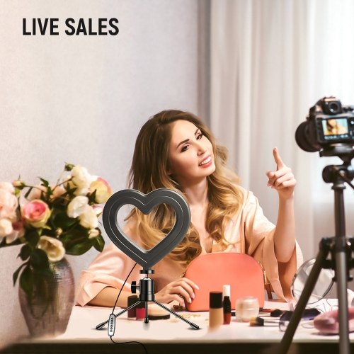 

6 Inch Bi-color Temperature Video Light Heart-Shaped LED Fill Light Dimmable 3000K-6000K USB Powered with Flexible Ballhead Adapter Desktop Tripod for Live Streaming Online Video Selfie Makeup Vlog