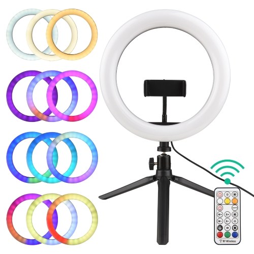 

26CM/10IN RGB Ring Fill Light Kit Muiti Colored Desktop Circle Lamp with Remote & Stand 3200K–6000K 26 Lighting Effects 10 Adjustable Brightness for Live Broadcast/Conference/Makeup