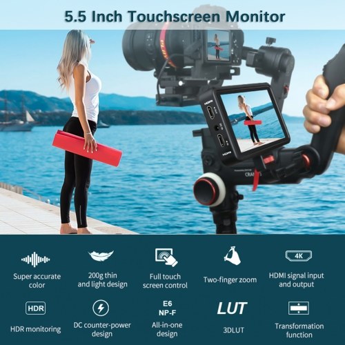 Bestview R5II 5.5 Inch Compact 4K Camera Field Monitor Touchscreen HDMI Input & Output 800Nits Hight Brightness HDR Monitoring 3D LUT with Sunshade for DSLR Camera 