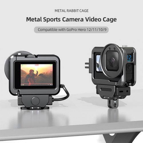 Action Camera Video Cage Metal Vlog Case Protective Housing with Cold Shoe Mount 52mm Filter Adapter Audio Adapter Storage Compartment Extension Accessory Replacement for GoPro Hero 12/11/10/9 