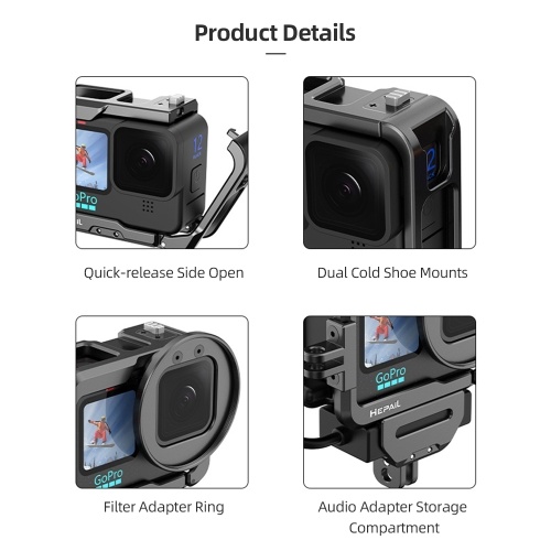 Action Camera Video Cage Metal Vlog Case Protective Housing with Cold Shoe Mount 52mm Filter Adapter Audio Adapter Storage Compartment Extension Accessory Replacement for GoPro Hero 12/11/10/9 
