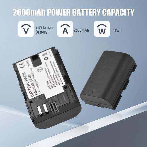 Camera LP-E6 LP-E6N Battery and Charger Kit with 2-slot Battery Charger + 2pcs LP-E6 Batteries 7.4V 2600mAh + USB Charging Cable 