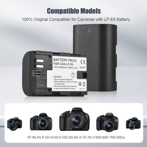 Camera LP-E6 LP-E6N Battery and Charger Kit with 2-slot Battery Charger + 2pcs LP-E6 Batteries 7.4V 2600mAh + USB Charging Cable 